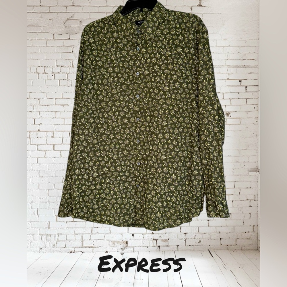 Express Men's Green Slim Floral Print Stretch 1MX Button Dress Shirt - Size XL
